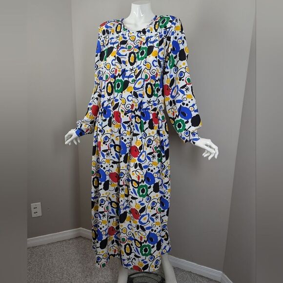 Dresses & Skirts - Vintage 80s Abstract Print Midi Dress Colorful Pleated Shoulder Long Sleeve Size